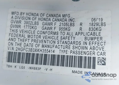 2019 Honda Civic Ex z USA, uszkodzony, nr VIN 2HGFC3B3XKH355414